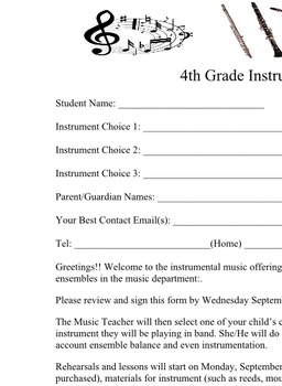 Preview of 4th Grade or Beginner Instrumental BAND or ORCHESTRA Registration