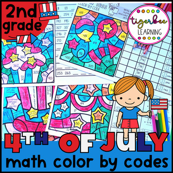 Preview of July 4th math color by codes: 2nd grade