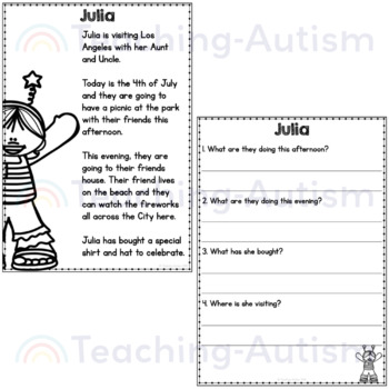4th July Reading Comprehension Passages and Questions by Teaching Autism
