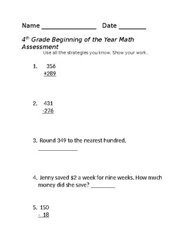 Preview of 4th & 5th Grade Beginning of the Year Math Test Pre-Assessment {Editable}