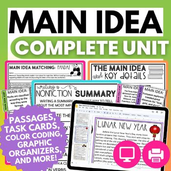 Preview of Main Idea Passages with Questions Activities Task Cards Anchor Charts Worksheets