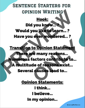 Preview of 4th and 5th Grade Opinion Writing Checklist and Sentence Starters