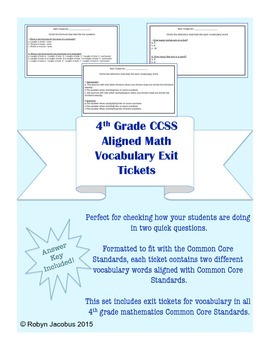 Preview of 4th Grade Math-CCSS Aligned Vocabulary Exit Tickets w/answer key