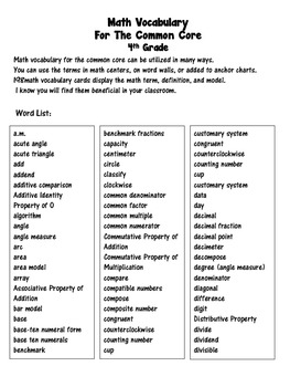 4th grade Math Vocabulary Word wall for The Common Core | TpT