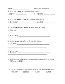 Preview of 4th grade Place Value Review Worksheet