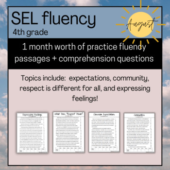 Preview of AUGUST 4 SEL Fluency Passages and comprehension questions for 4th Grade No-Prep