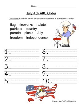 4th of July ABC Order Worksheet by Have Fun Teaching | TpT