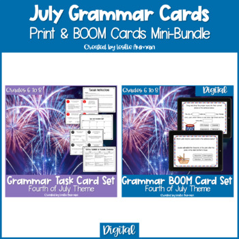 Preview of 4th of July Grammar Print Task Cards and BOOM Cards BUNDLE