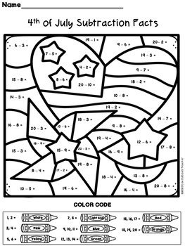 4th of july math addition and subtraction facts 1 20 color by number