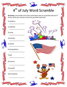 4th of July Word Scramble- 10 Words by Twin Business Teachers | TpT