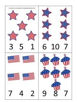 4th of July themed Count and Clip preschool math cards. Daycare child