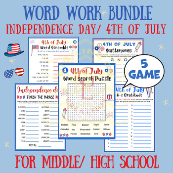 Preview of 4th of july word work BUNDLE phonics center word scramble main idea middle 9th