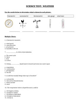 Preview of 4th/5th grade Weather test, modified version, and answer key