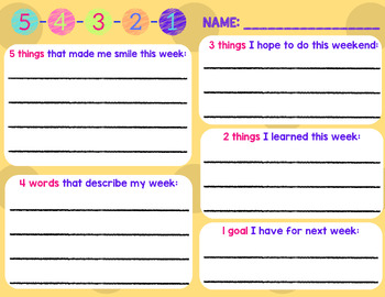Preview of 5, 4, 3, 2, 1 Friday Student SEL Check-In Sheets
