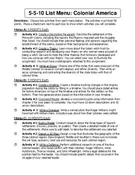 Preview of 5-5-10 Menu Choice Board: Colonial America
