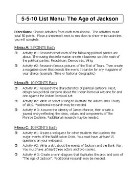 Preview of 5-5-10 Menu Choice Board: The Age of Jackson