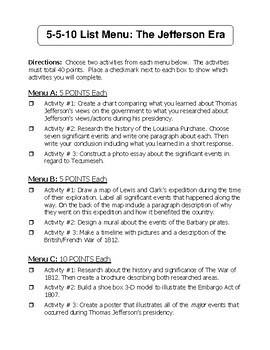 Preview of 5-5-10 Menu Choice Board: The Jefferson Era