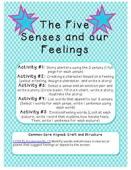Preview of 5 Activities: Our 5 Senses and Our Feelings! CC Aligned, Gr. 1 USE AT HOME