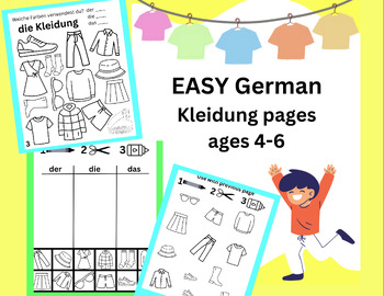 Preview of 5 Beginner (age 4-6) Worksheets for German Kleidung. Color, Cut and Paste!