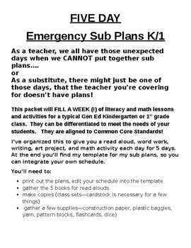 Preview of 5 Day Emergency Sub Plans for K-1