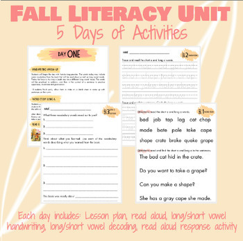 Preview of 5 Day (or week) Fall Themed Short and Long Vowel Literacy Plan