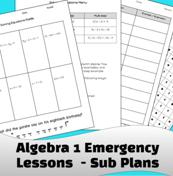 Preview of One Week of Emergency Lesson Plans Packet for Algebra 1 Solving Equations