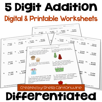 Preview of 5 Digit Addition Worksheets - Differentiated with Word Problems