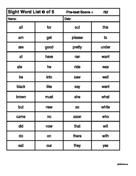 Preview of 5 Dolch Sight Word Lists (Numbered, not graded: ex. Primer = list 2)