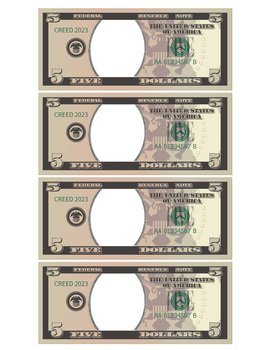 5 Dollar Bill Template - Letter page ready to print (FRONT and BACK)