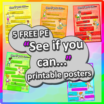 Preview of 5 FREE PE Posters - "See if you can..." individual skill challenges (grades K-2)