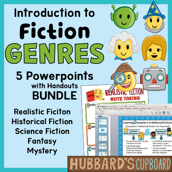 Preview of 5 Fiction Genre Ppts w/ Setting, Events, & Characters handout Bundle