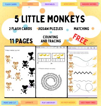 Preview of 5 Five little monkeys nursery rhymes Polish/ English tasks