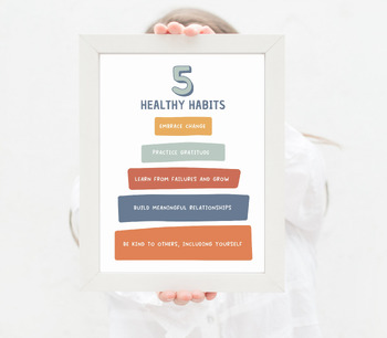 Preview of 5 Healthy Habits Growth Mindset Printable Boho Classroom Posters