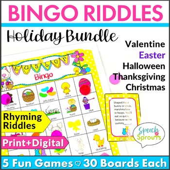 Preview of 5 Holiday Bingo Riddles Vocabulary Games Speech Therapy Activities Party Bundle