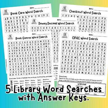 Preview of 5 Library Themed Word Searches - OPAC, Checkout, Genres, DDS, Book Care