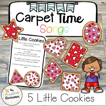 Preview of 5 Little Cookies Carpet Time Song | Shapes Carpet Game Preschool Valentine's Day