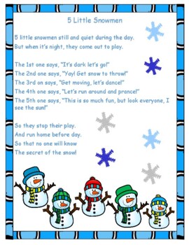 5 Little Snowman Poem and Activities by Little Journeys in PreK and K