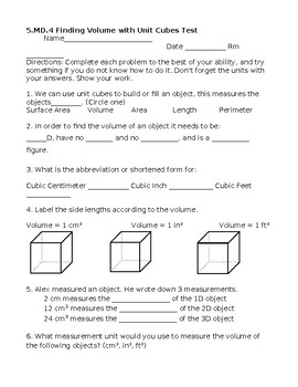 Preview of 5.MD.4 Finding Volume with Unit Cubes Test 5th Grade Math