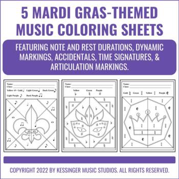 Preview of 5 Mardi Gras-Themed Music Color-By-Symbol Sheets | Review or Sub Plans