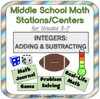 Preview of 5 Middle School Math Stations: Adding & Subtracting Integers Test Prep (Gr 5-7)