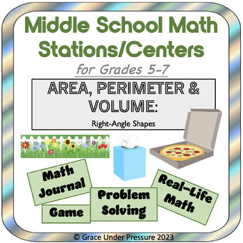 Preview of 5 Middle School Math Stations: Area, Perimeter & Volume Test Prep (Grades 5-7)