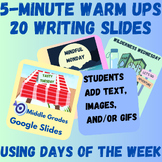 5-Min Warm Up Slides using Days of the Week Writing Prompt