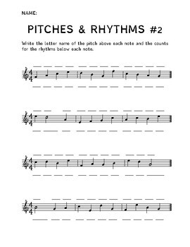 5 Music Theory Worksheets - Pitch Letter Names & Rhythms - Set 1