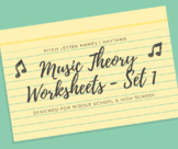 5 Music Theory Worksheets - Pitch Letter Names & Rhythms - Set 1