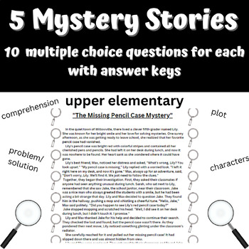 Preview of 5 Mystery stories for upper elementary with 10 questions and answers!