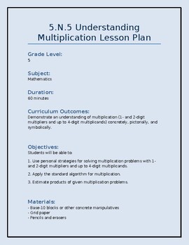 Preview of 5.N.5 Multiplication Lesson Plan, Questions, and Answer Key