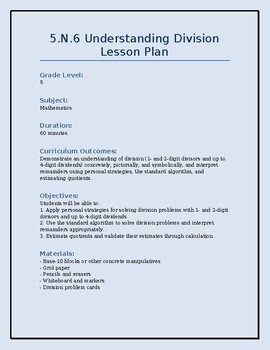 Preview of 5.N.6 Division Lesson Plan, Questions, and Answer Key