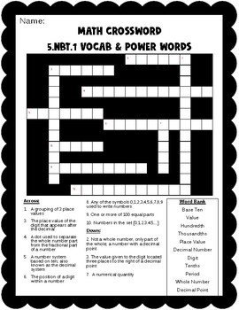 Preview of 5th Grade: Math Vocabulary Crossword Puzzle Worksheet 5.NBT.1