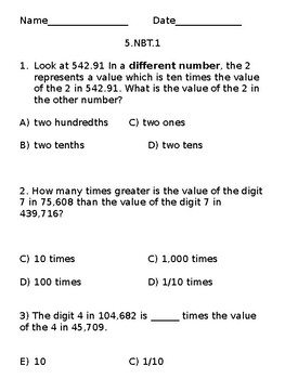 Preview of 5.NBT.1 Test Prep Questions with Answers