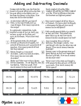 5.NBT.7 Adding and Subtracting Decimals Word Problems for Versa Tiles